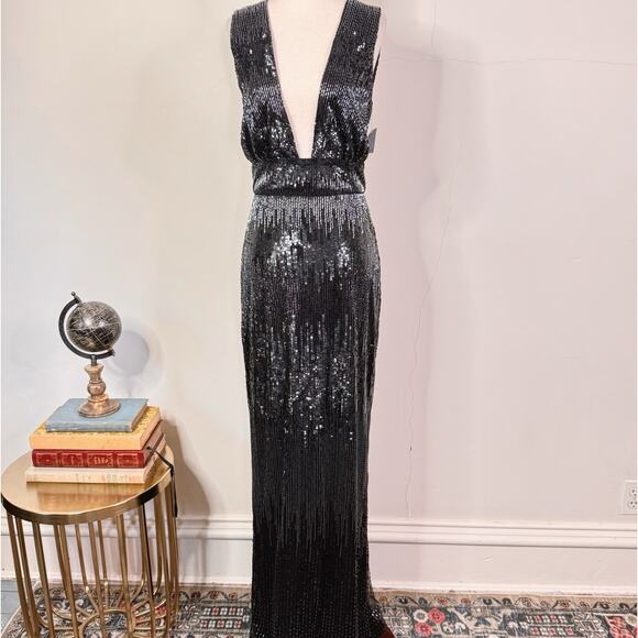 Burnett New York Sequin Beaded Deep V Gown Black Indigo Runway Dress Size 2 NWT - Picture 2 of 14